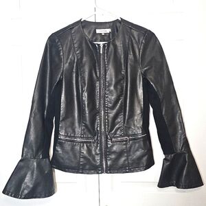 Calvin Klein Faux Leather Jacket Womens XS Bell Sleeve Zipper‎ Motorcycle Black